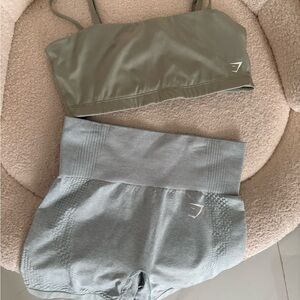 Gymshark Olive Green Crop Top and Gray Shorts Set